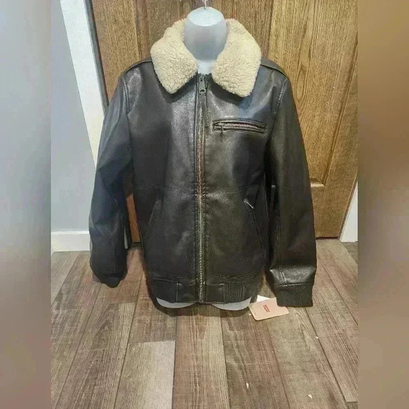 Levi’s Mens Sherpa Collar Faux Leather Jacket Brown Sz Small - Picture 1 of 8